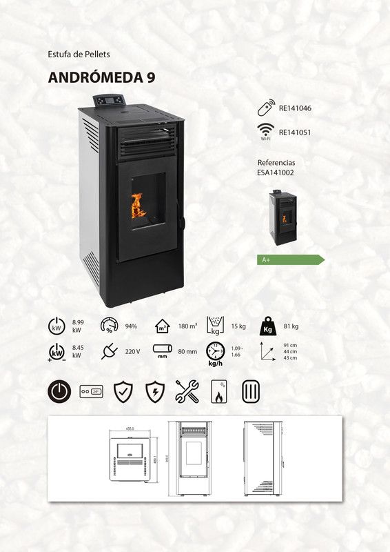 Estufa de pellets Andromeda + kit de instalacion + Wi-Fi | 9 kw A+